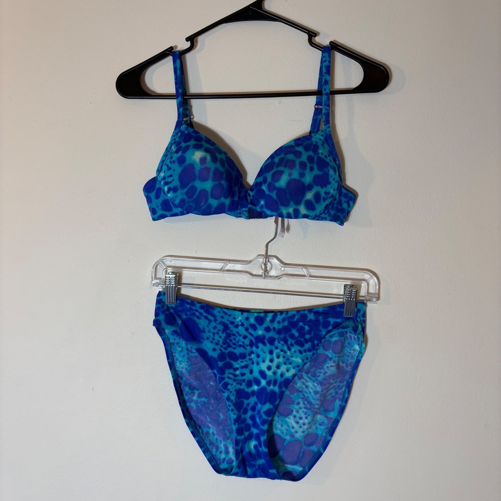 Victoria's Secret Swimwear Set Medium Bikini Top 36A Blue Leopard Print